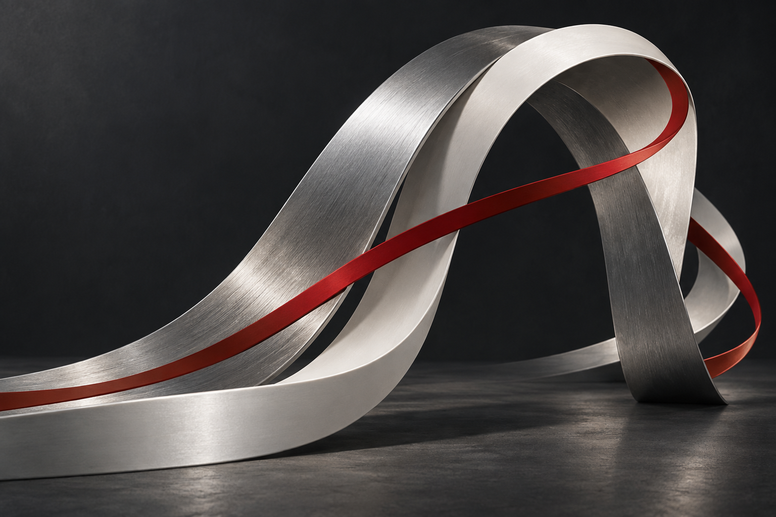 Abstract silver and white running-lane ribbons with a red ribbon curving through a dark studio.